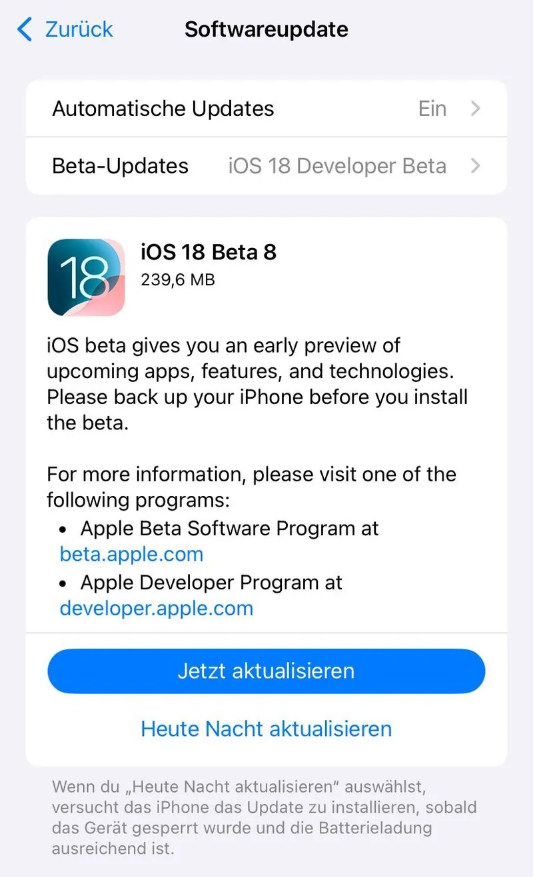 孙吴苹果手机维修分享苹果 iOS / iPadOS 18 开发者预览版 Beta 8 发布 